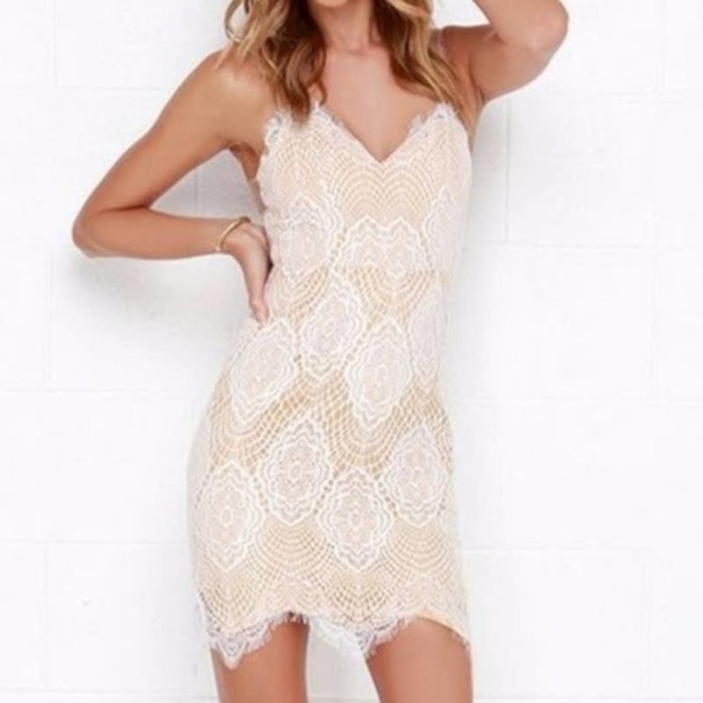 LULU'S Lace Sleeveless V-Neck Nude Mini Dr…